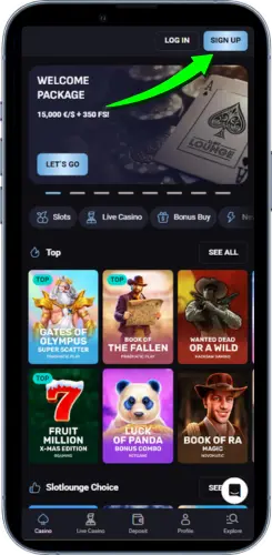 Sign up button on NZ casino app main screen