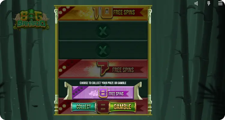 Gamble Free Spins feature selection screen in Big Bamboo slot game